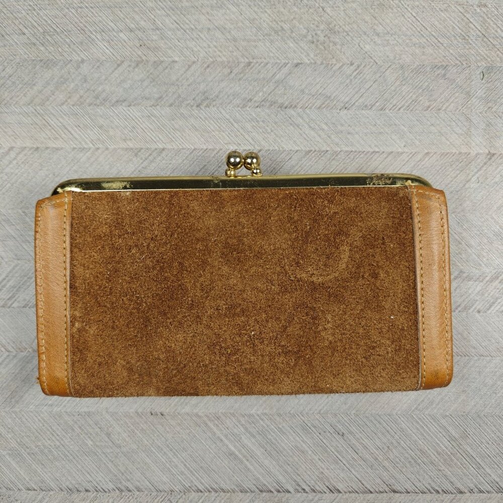 Vintage Suede Genuine Leather Wallet Checkbook Clutch Gold Trim Kisslock NEW - Picture 2 of 9